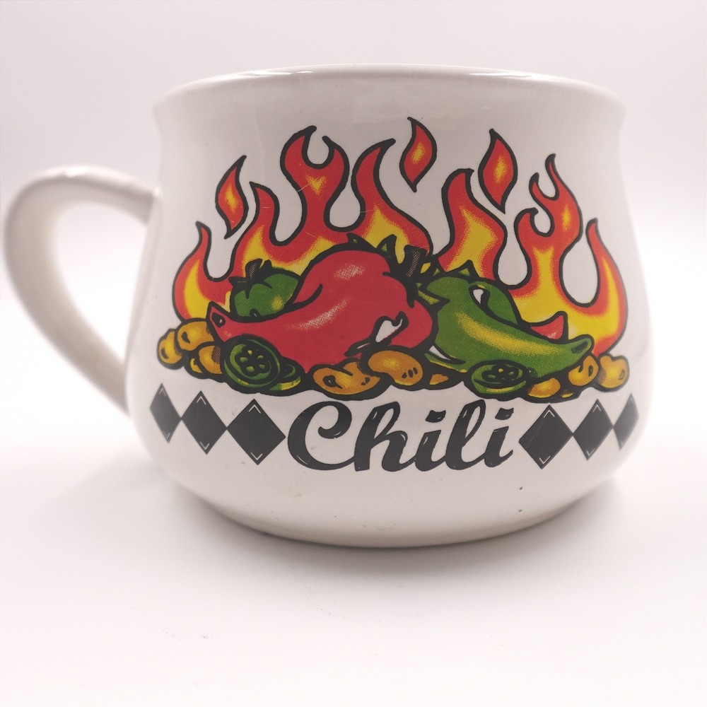 VTG Chili 16oz Soup Bowl Mug Hot Fire Pepper Pot Belly Cup Houston Foods Tex-Mex